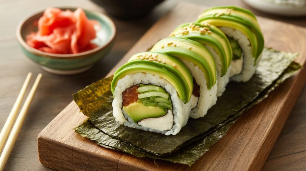 A neatly rolled sushi made with plant-based seafood, presented with precision and vibrant detail