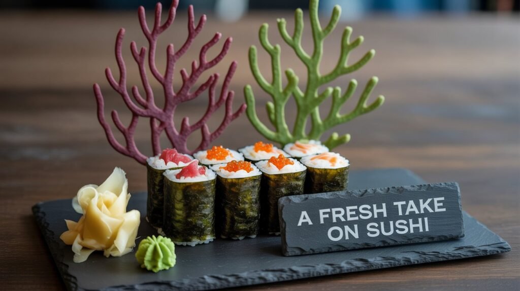 A fresh seafood-inspired dish recreated with plant-based ingredients, styled on a modern plate with vibrant presentation