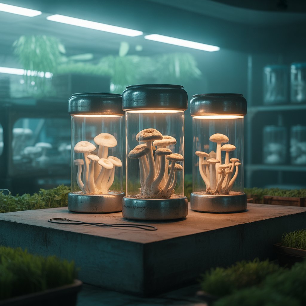 uturistic, cinematic wide shot of a sustainable food factory producing mycelium-based seafood products, glowing tanks with mushroom roots, eco-friendly green energy background